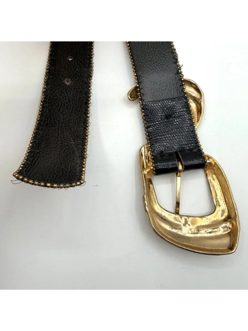 Vintage Kandell & Marcus Black Genuine Leather Belt Chunky Brass Buckle Size S